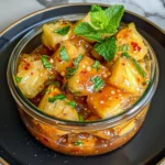 Vibrant Pineapple Cowboy Candy with golden pineapple chunks, shiny spicy syrup, red pepper flakes, and fresh mint garnish, served in a clear glass jar on a black plate.