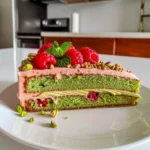 Vibrant Pistachio Raspberry Cake slice with bright green crumb, pink pistachio buttercream, fresh raspberries, chopped pistachios, and mint sprigs on a white plate