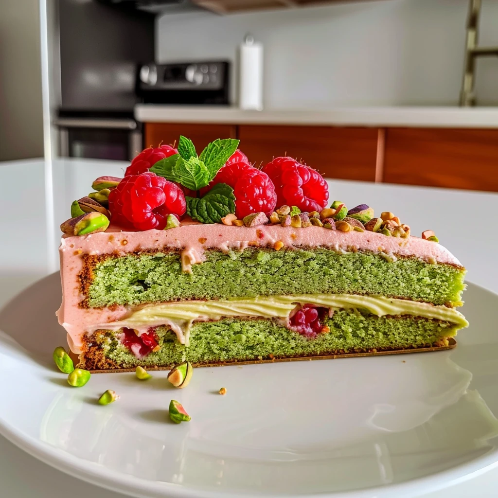 Vibrant Pistachio Raspberry Cake slice with bright green crumb, pink pistachio buttercream, fresh raspberries, chopped pistachios, and mint sprigs on a white plate