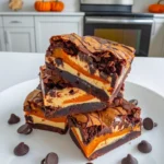 Fudgy Pumpkin Brownies with creamy pumpkin cheesecake swirl, rich chocolate layers, and vibrant orange and brown marbled texture stacked on a white plate, surrounded by chocolate chips in a modern kitchen.