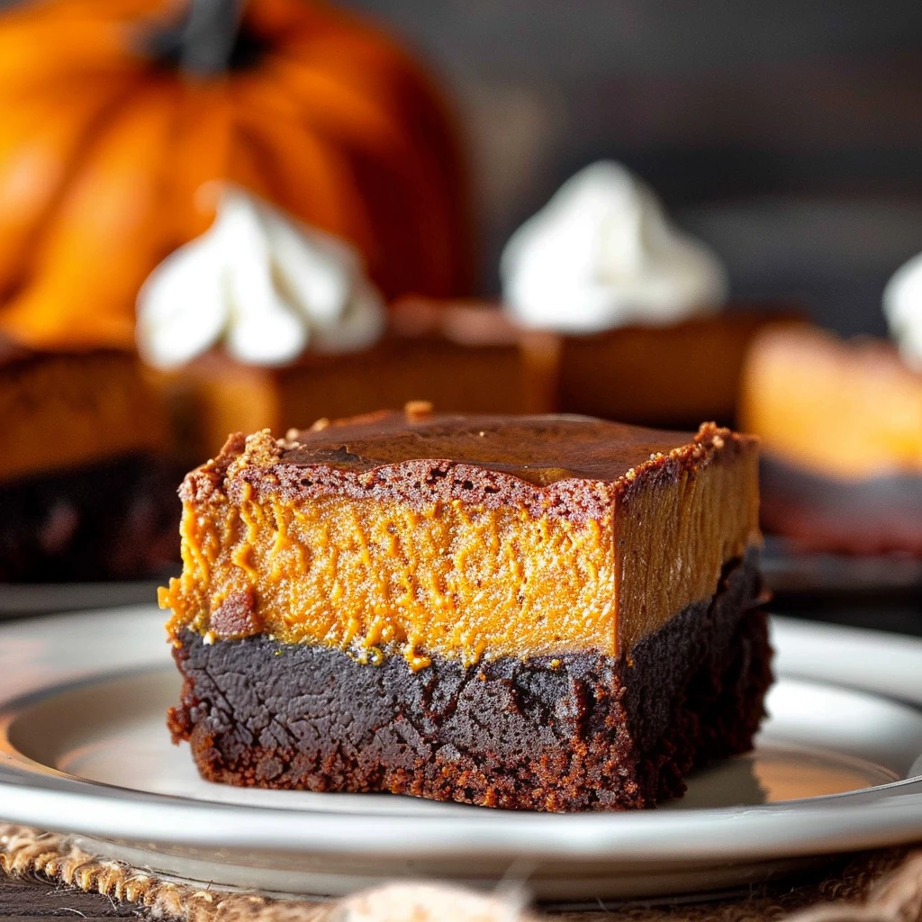 Thick, vibrant Pumpkin Brownies featuring a glossy orange pumpkin layer atop a dense dark chocolate base, served on a white plate with piped whipped cream and a pumpkin in the background.
