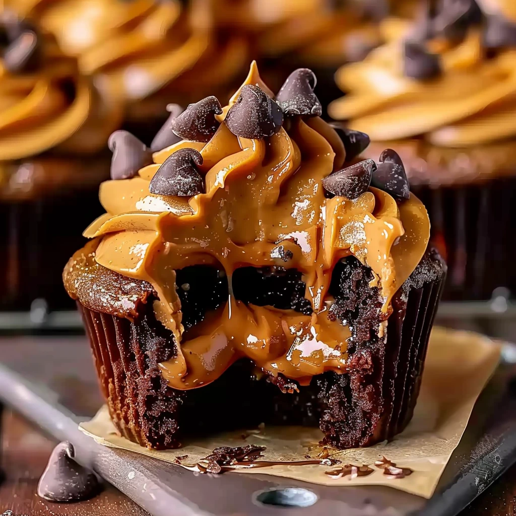 Rich chocolate Pumpkin Chocolate Peanut Butter Cupcake with glossy peanut butter frosting, chocolate chips, and a soft, gooey center on brown parchment paper.