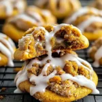 Golden pumpkin cinnamon crumb cookies topped with a glossy white icing drizzle, stacked on a black cooling rack, showcasing a soft, tender crumb and warm spiced color.