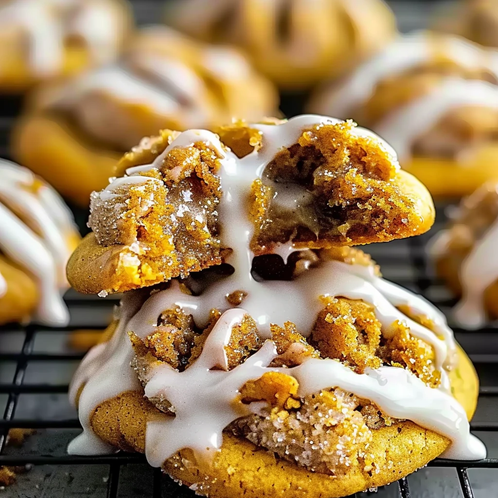 Golden pumpkin cinnamon crumb cookies topped with a glossy white icing drizzle, stacked on a black cooling rack, showcasing a soft, tender crumb and warm spiced color.