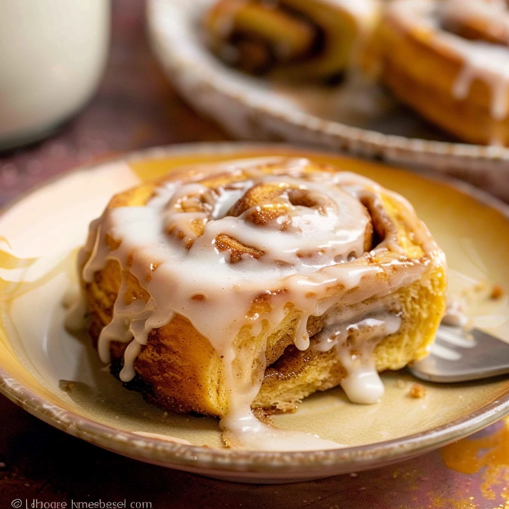 Golden pumpkin cinnamon roll swirled with cinnamon, topped with creamy white frosting, glistening on a tan plate, perfectly baked and ready to enjoy.