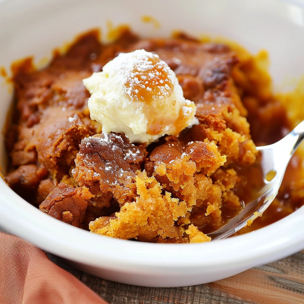 Golden-brown Pumpkin Cobbler with gooey syrup and creamy vanilla ice cream, dusted with powdered sugar in a white bowl, radiating warm, inviting fall colors and luscious textures.