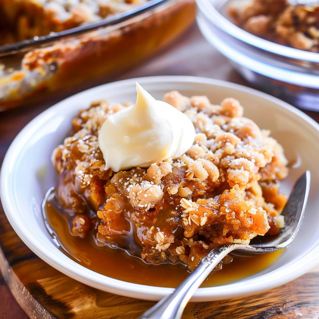 Golden Pumpkin Crisp with crumbly oat topping and creamy whipped topping, showing luscious orange filling, crispy clusters, and sticky syrup on a white bowl—an inviting autumn dessert.