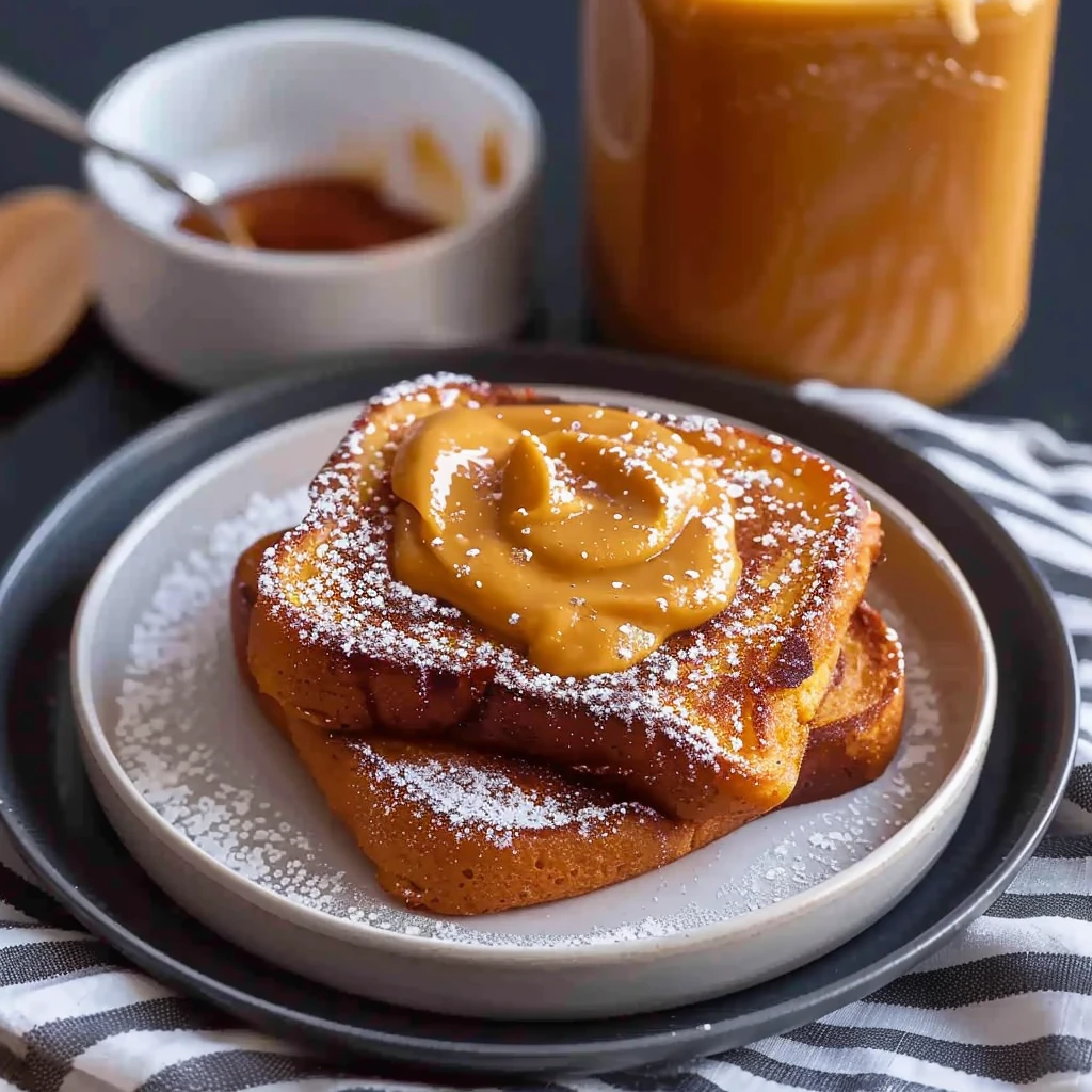 Golden Pumpkin Eggnog French Toast slices stacked on a plate, topped with creamy pumpkin butter and a dusting of powdered sugar, presented with a jar of pumpkin butter and striped napkin for a cozy, inviting breakfast scene.