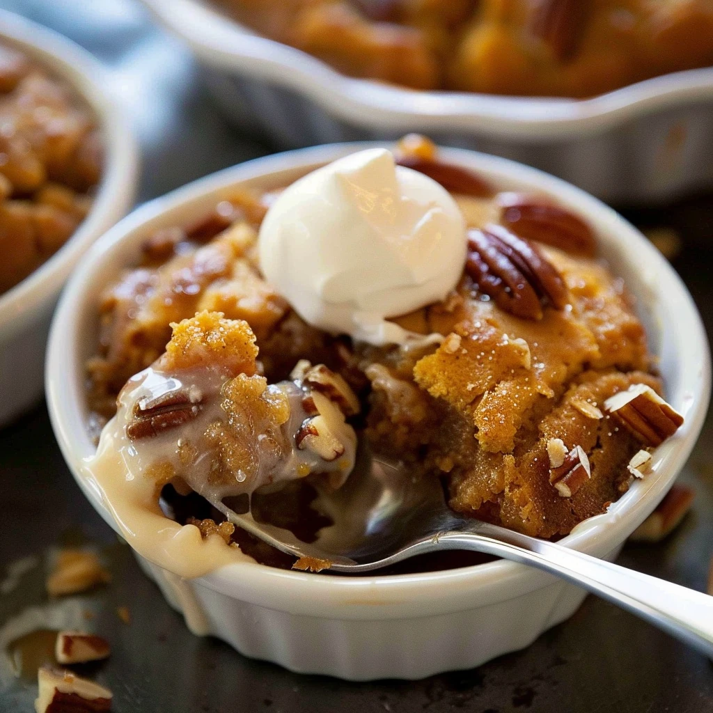 Warm Pumpkin Pecan Cobbler in white ramekin, topped with whipped cream and golden pecans, with gooey caramel sauce and a crumbly golden texture.