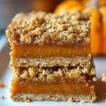 Close-up of two Pumpkin Pie Crumble Bars stacked, with golden oat crumble, vibrant orange pumpkin filling, and rustic texture, shown on a white plate with pumpkins in the background.