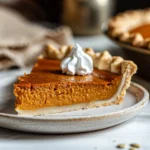 A closeup of a golden Pumpkin Pie from Scratch slice with creamy orange filling, flaky pie crust, and a beautiful swirl of whipped cream on a rustic plate.