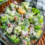 Vibrant Quick Broccoli Ranch Salad with creamy ranch dressing, cheddar cubes, crispy bacon, and red onions tossed on bright green broccoli in a clear glass bowl