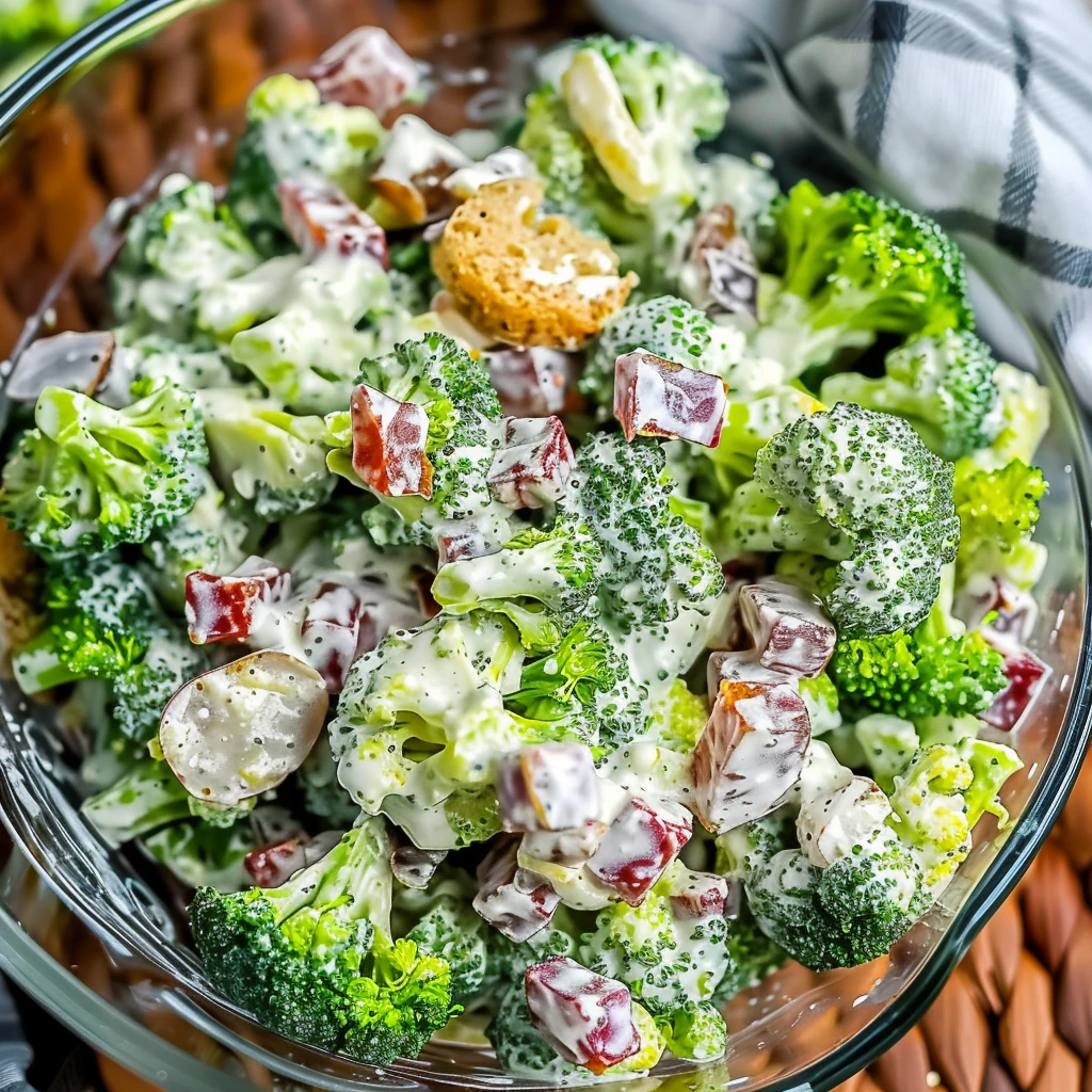 Vibrant Quick Broccoli Ranch Salad with creamy ranch dressing, cheddar cubes, crispy bacon, and red onions tossed on bright green broccoli in a clear glass bowl