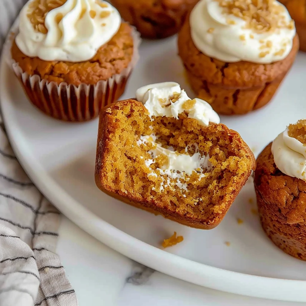 Soft, golden Quick Gluten-Free Pumpkin Cream Cheese Muffins with creamy swirled centers and fluffy texture, beautifully arranged on a white plate.