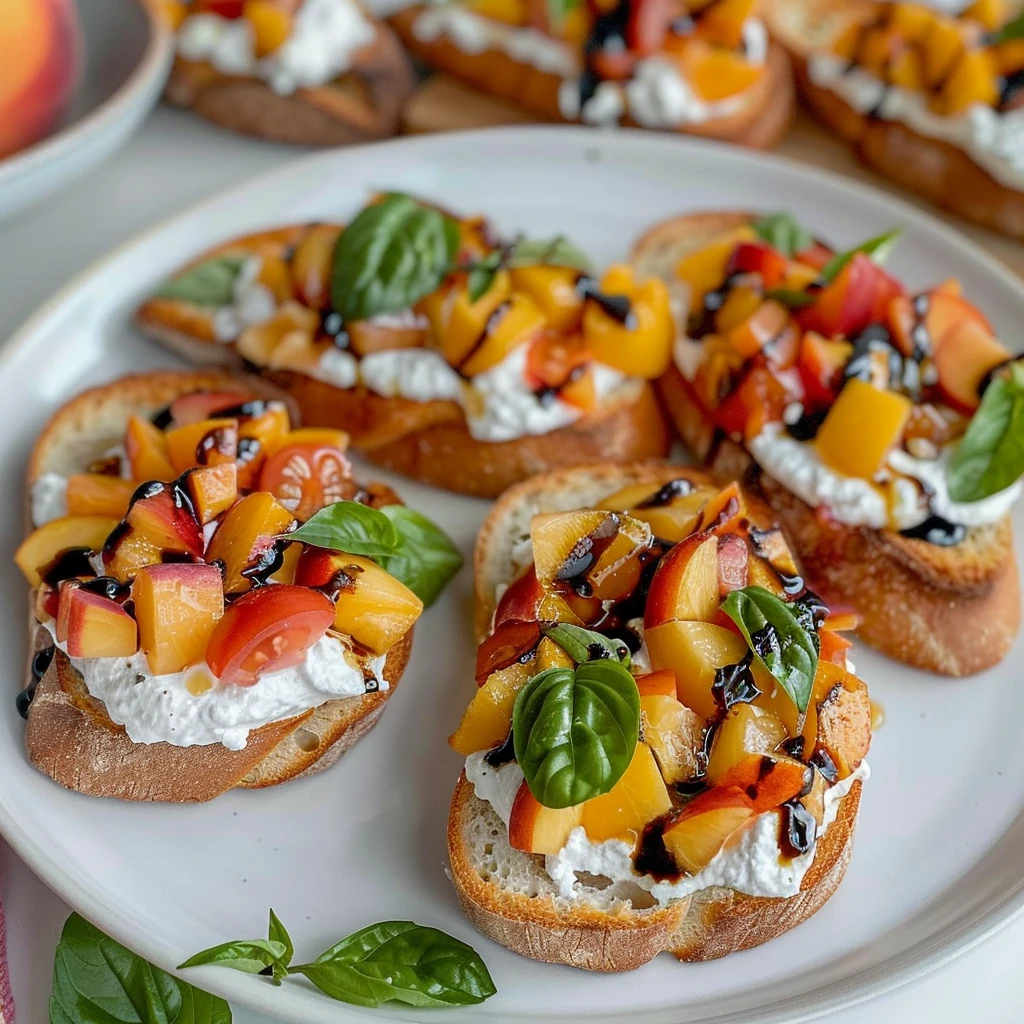 Bright and colorful Quick Peach Bruschetta with Whipped Ricotta, topped with diced peaches, tomatoes, fresh basil, and balsamic glaze on crisp toasted baguette slices displayed on a white plate.