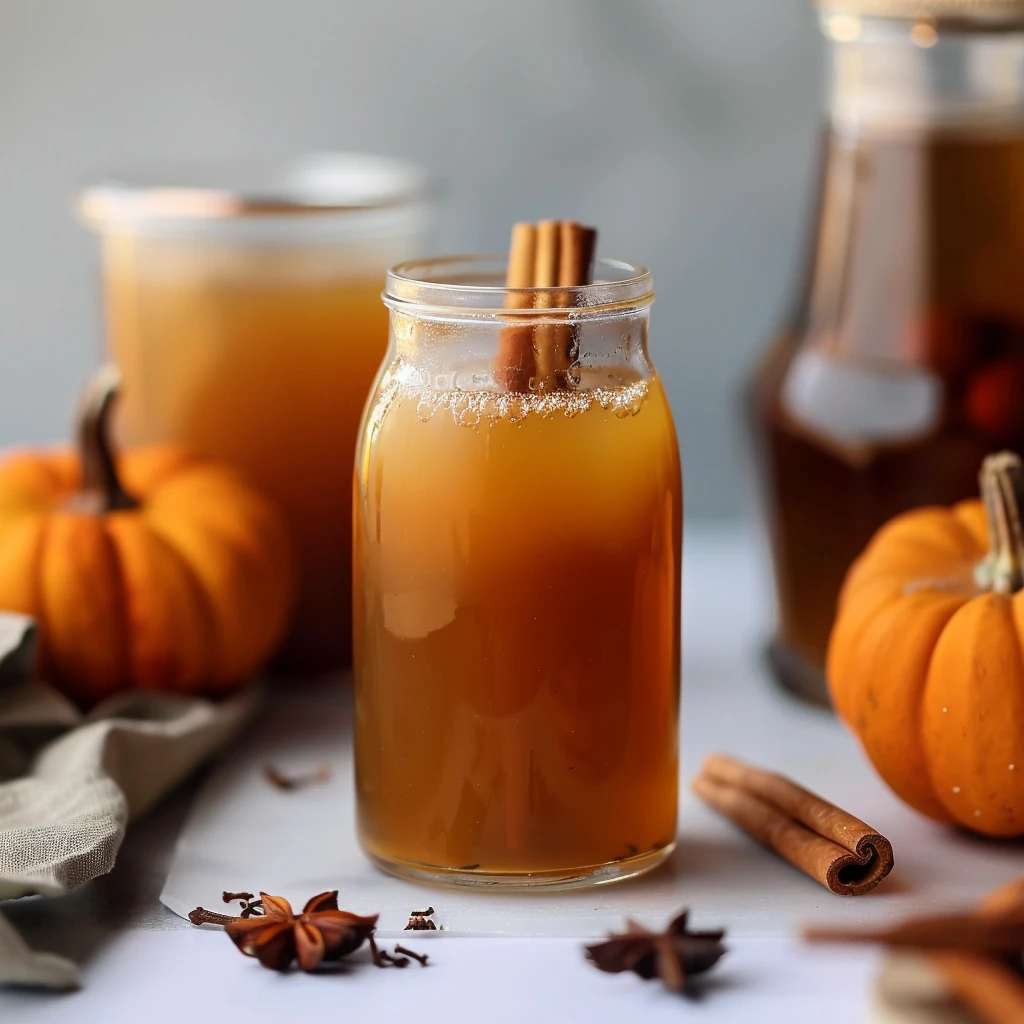 Golden-orange pumpkin spice syrup in a glass jar with cinnamon stick, surrounded by pumpkins and autumn spices, highlighting the syrup’s smooth, inviting texture.