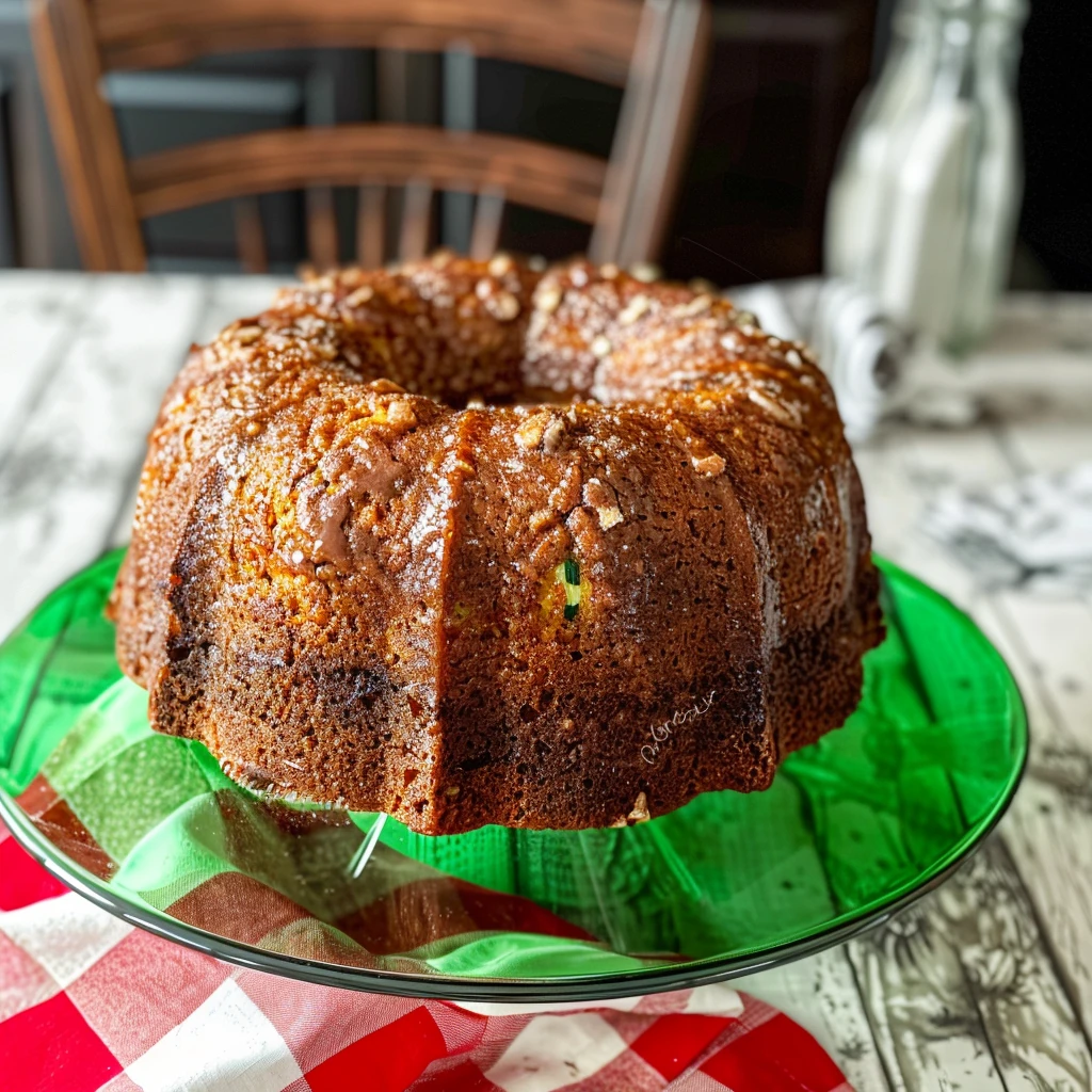 Golden brown Rich Pecan Bundt Pan Zucchini Bread with a glazed, nut-studded crust and moist interior, beautifully displayed on a glass platter with vibrant colors and rustic charm.