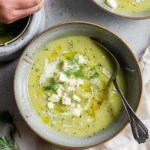 Creamy roasted zucchini soup with feta cubes, fresh dill sprigs, and golden olive oil swirls in a gray pottery bowl, beautifully presented for an inviting dinner.