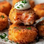 Golden, crispy Salmon Croquettes filled with tender pink salmon, topped with creamy sauce and fresh herbs, showcased on a white plate for an inviting presentation.