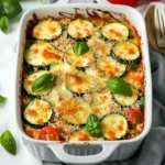 Golden bubbly Savory Mozzarella Zucchini Casserole with layers of vibrant green zucchini, roasted tomatoes, and gooey melted cheese, garnished with fresh basil in a white baking dish.