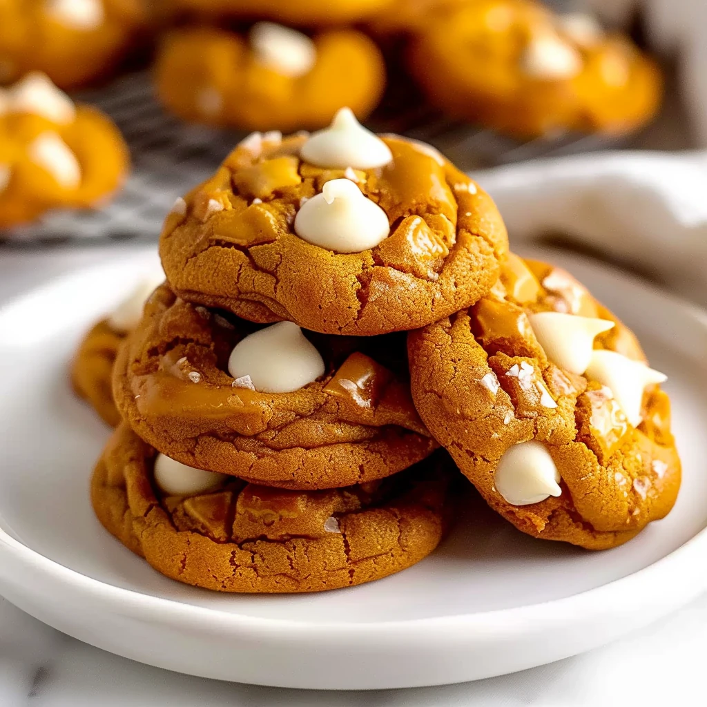 Golden pumpkin spice jello cookies stacked on a white plate, studded with creamy white chocolate chips and featuring soft, crackly tops, perfect for autumn dessert tables.