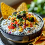 Colorful Skinny Poolside Dip in a black bowl, topped with corn, red bell pepper, sliced black olives, and fresh herbs, served with crisp tortilla chips, showcasing creamy texture and vibrant presentation.