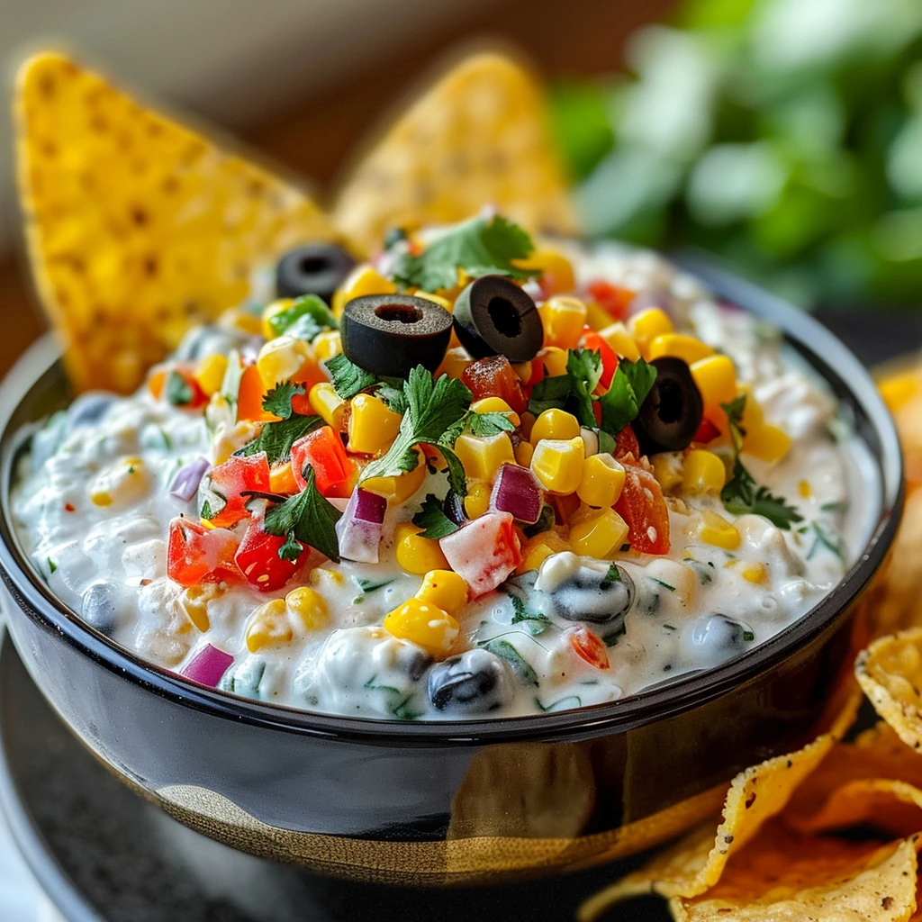 Colorful Skinny Poolside Dip in a black bowl, topped with corn, red bell pepper, sliced black olives, and fresh herbs, served with crisp tortilla chips, showcasing creamy texture and vibrant presentation.