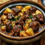 Tender slow cooker garlic butter beef bites and golden potatoes tossed in rich, glossy sauce, garnished with fresh parsley in a brown ceramic bowl