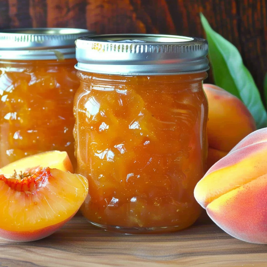 Glowing golden Small Batch Vanilla Peach Jam in glass mason jars with visible peach pieces, surrounded by fresh peaches on a wooden surface, showcasing a thick, glossy texture and vibrant color.