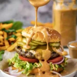 Smash Burger Sauce drizzled over a juicy burger with lettuce, tomato, pickles, and a sesame seed bun, showing creamy golden-orange sauce texture and vibrant fresh toppings.