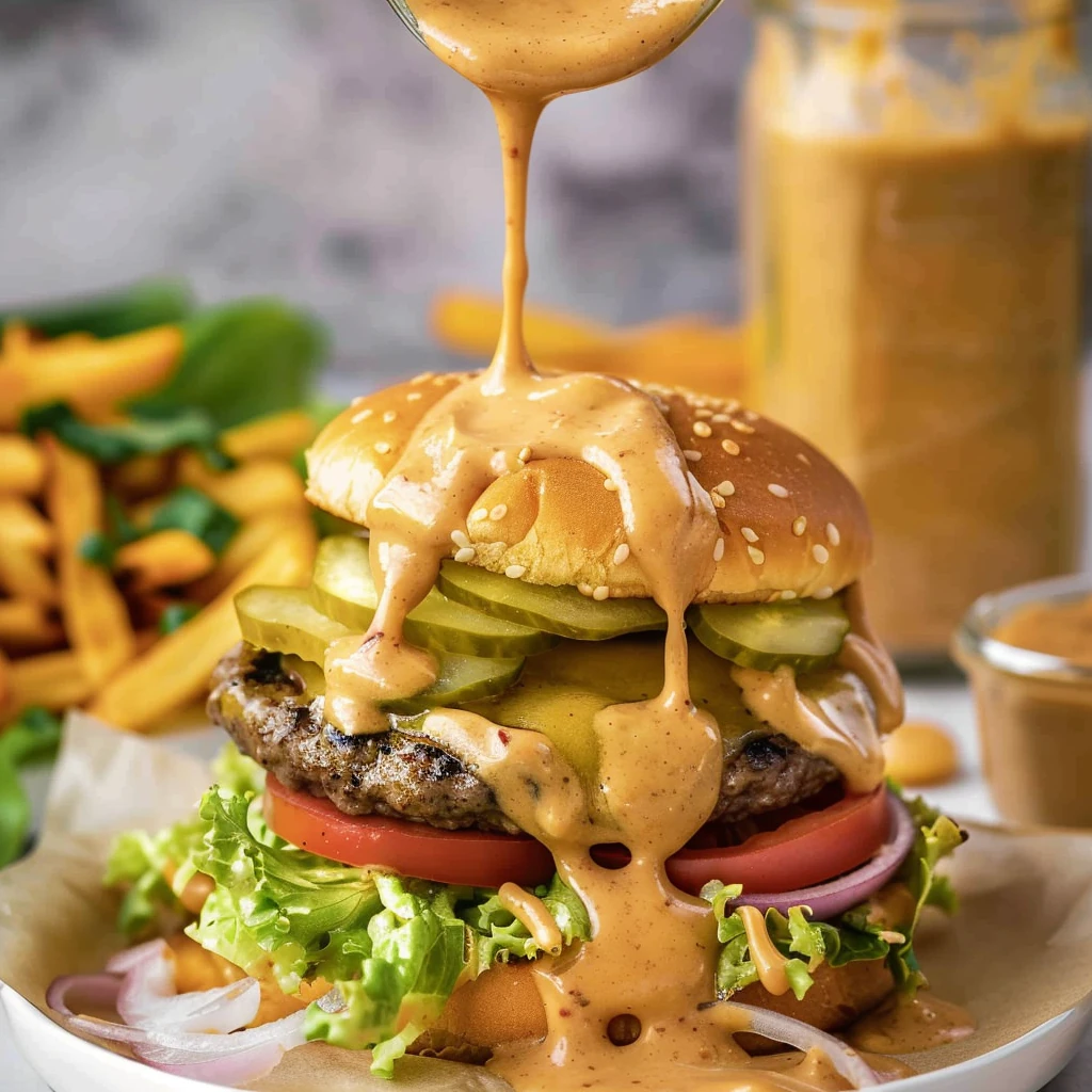 Smash Burger Sauce drizzled over a juicy burger with lettuce, tomato, pickles, and a sesame seed bun, showing creamy golden-orange sauce texture and vibrant fresh toppings.