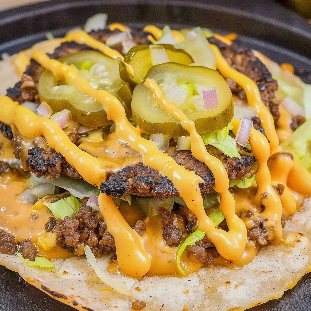 Golden brown Smash Burger Tacos topped with melty American cheese, vibrant fresh lettuce, tangy pickles, diced onions, and creamy orange Big Mac sauce drizzled artfully on a soft flour tortilla.