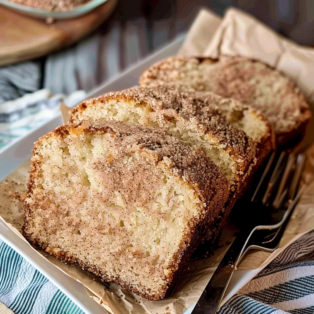 Moist Snickerdoodle Zucchini Bread slices topped with cinnamon-sugar crust, showing golden edges and soft, marbled crumb on a white platter.