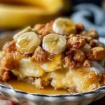 Delicious Southern Banana Cobbler topped with banana slices and a drizzle of syrup, served in a white dish.