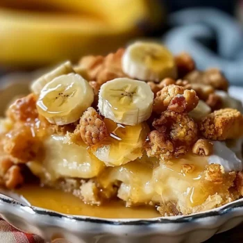 Delicious Southern Banana Cobbler topped with banana slices and a drizzle of syrup, served in a white dish.
