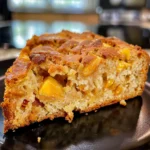 Golden, moist Southern Peach Bread slice filled with juicy peach chunks, featuring a crisp, caramelized crust and soft, airy crumb on a black plate.