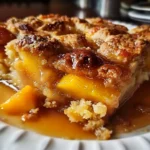 Golden Southern Peach Cobbler with juicy peach slices and crumbly, buttery crust glistening with syrup on a white plate
