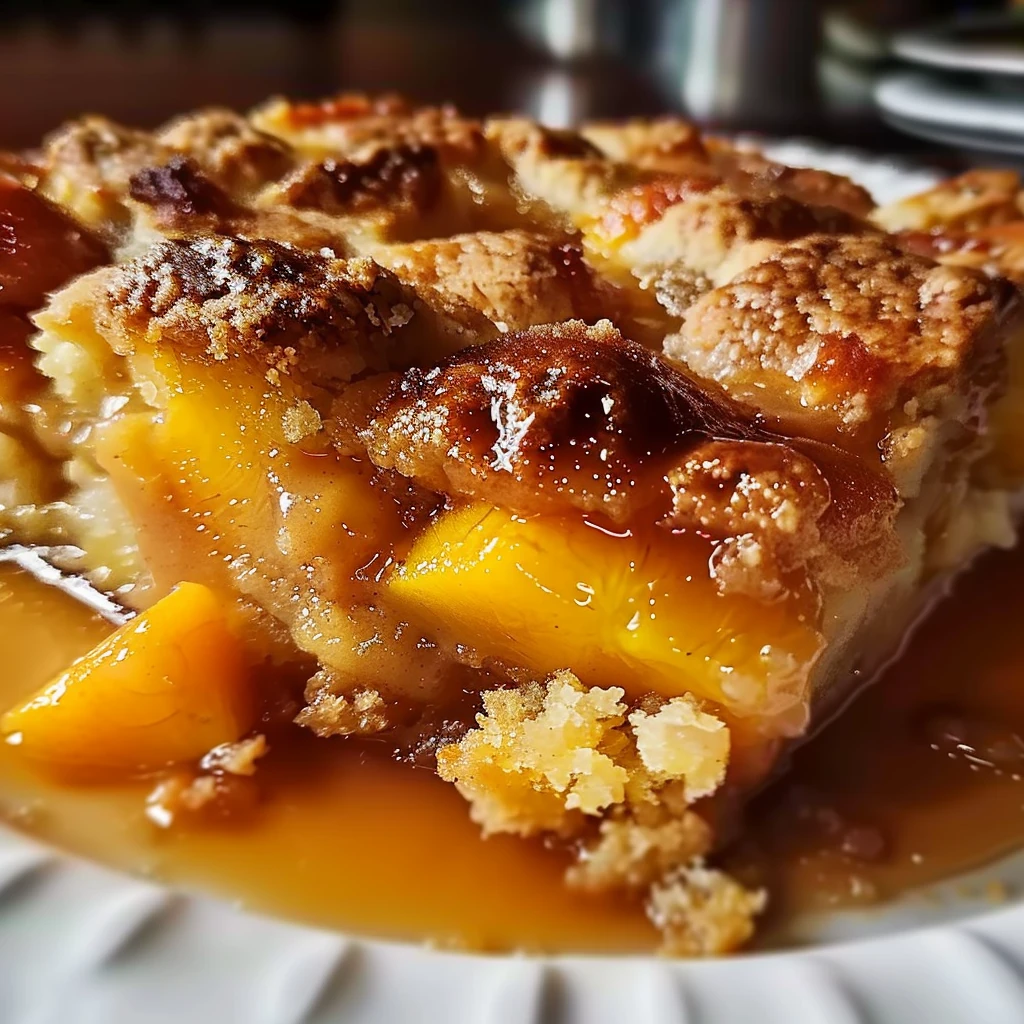 Golden Southern Peach Cobbler with juicy peach slices and crumbly, buttery crust glistening with syrup on a white plate