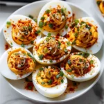 Colorful Spicy Chili Garlic Deviled Eggs with creamy orange filling, smoky paprika, crispy fried onions, and fresh chives on a white platter