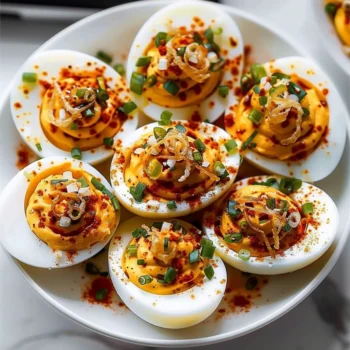 Colorful Spicy Chili Garlic Deviled Eggs with creamy orange filling, smoky paprika, crispy fried onions, and fresh chives on a white platter