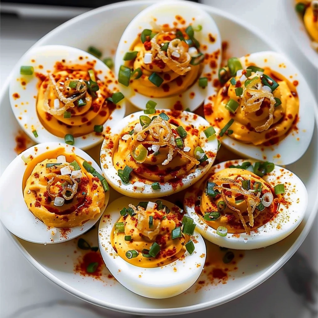 Colorful Spicy Chili Garlic Deviled Eggs with creamy orange filling, smoky paprika, crispy fried onions, and fresh chives on a white platter