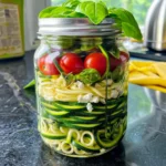 Vibrant Spiralized Lemon-Basil Zucchini Mason Jar Salad with layers of green zucchini noodles, cherry tomatoes, feta cheese, red onion, fresh basil, and pine nuts, beautifully presented in a clear mason jar on a kitchen counter.
