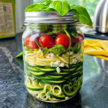Vibrant Spiralized Lemon-Basil Zucchini Mason Jar Salad with layers of green zucchini noodles, cherry tomatoes, feta cheese, red onion, fresh basil, and pine nuts, beautifully presented in a clear mason jar on a kitchen counter.
