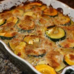 Golden brown Squash and Zucchini Casserole with crisp breadcrumbs, tender green and yellow veggie slices, and bubbling cheese in a white ceramic baking dish