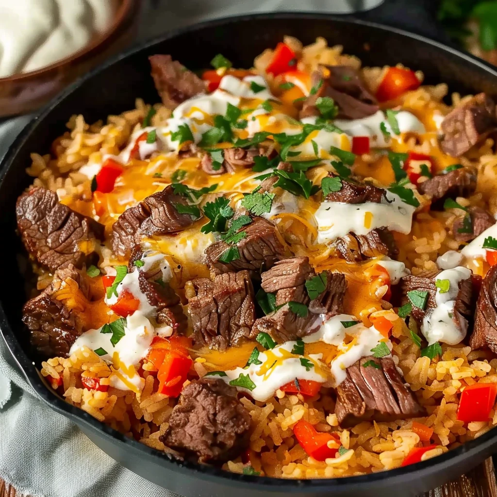 Colorful Steak Queso Rice featuring juicy steak slices, creamy queso sauce, vibrant red peppers, and fresh cilantro on fluffy golden rice in a cast-iron skillet, garnished for an appetizing Tex-Mex presentation.