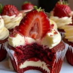 Vivid red velvet cupcakes with creamy cheesecake filling, swirled frosting, and fresh strawberries on top, showcasing irresistible textures and vibrant colors.