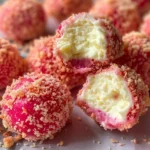 Colorful Strawberry Crunch Cheesecake Bites with vibrant pink coating and golden crumb exterior, creamy cheesecake filling visible in cross-section, beautifully arranged on a white plate