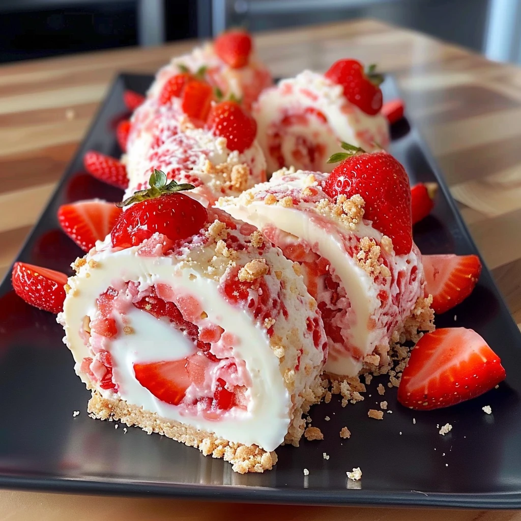 Strawberry Shortcake Cheesecake Rolls with creamy swirls, vibrant red strawberries, and golden crumbs on a sleek black tray