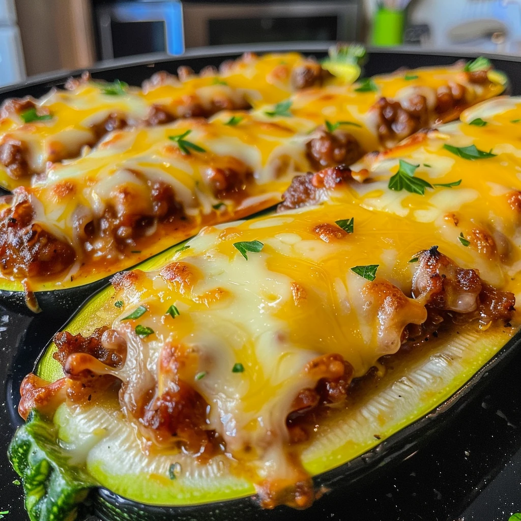 Cheesy Stuffed Zucchini Boats with golden-brown melted mozzarella, savory meat filling, and fresh herbs on a black baking tray.