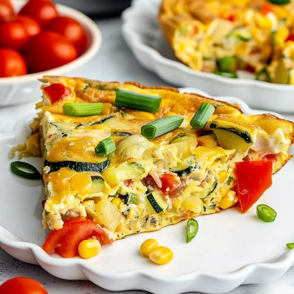 Golden crustless zucchini pie slice with vibrant red peppers, green zucchini, yellow corn, and melted cheddar, topped with fresh scallions on a white plate